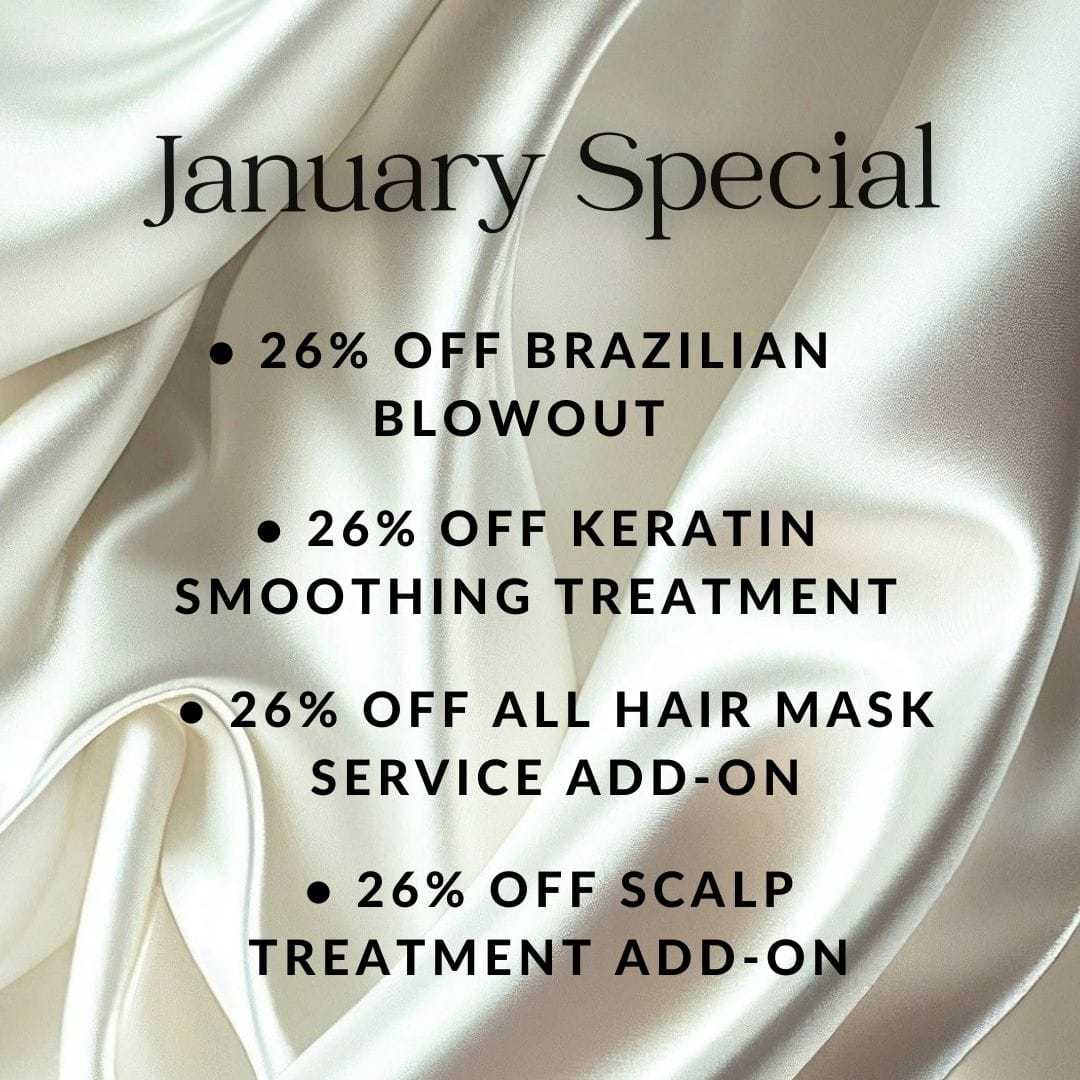 January Special: 26% off hair treatments and add-ons on a satin background.