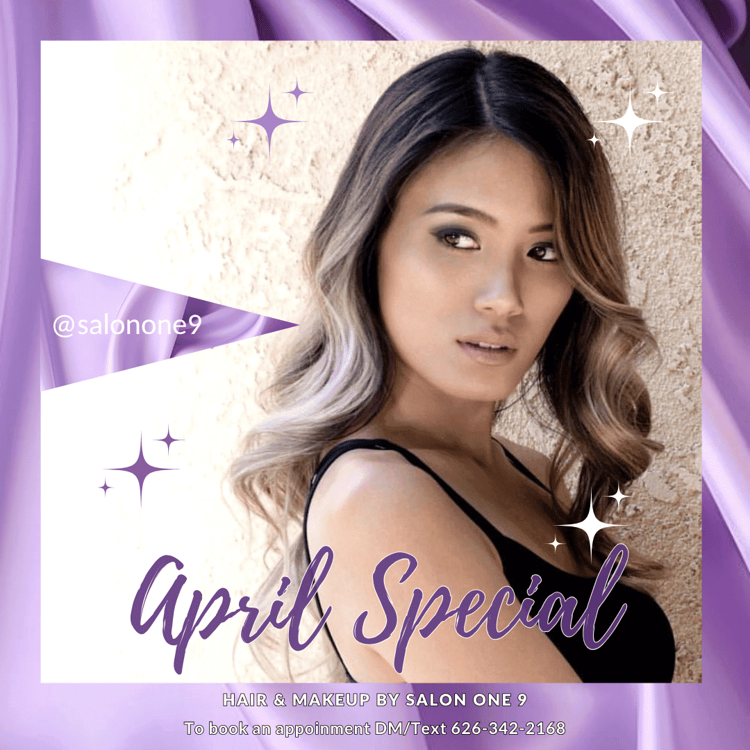 April Special: Woman with wavy hairstyle on purple background. Contact for appointments.
