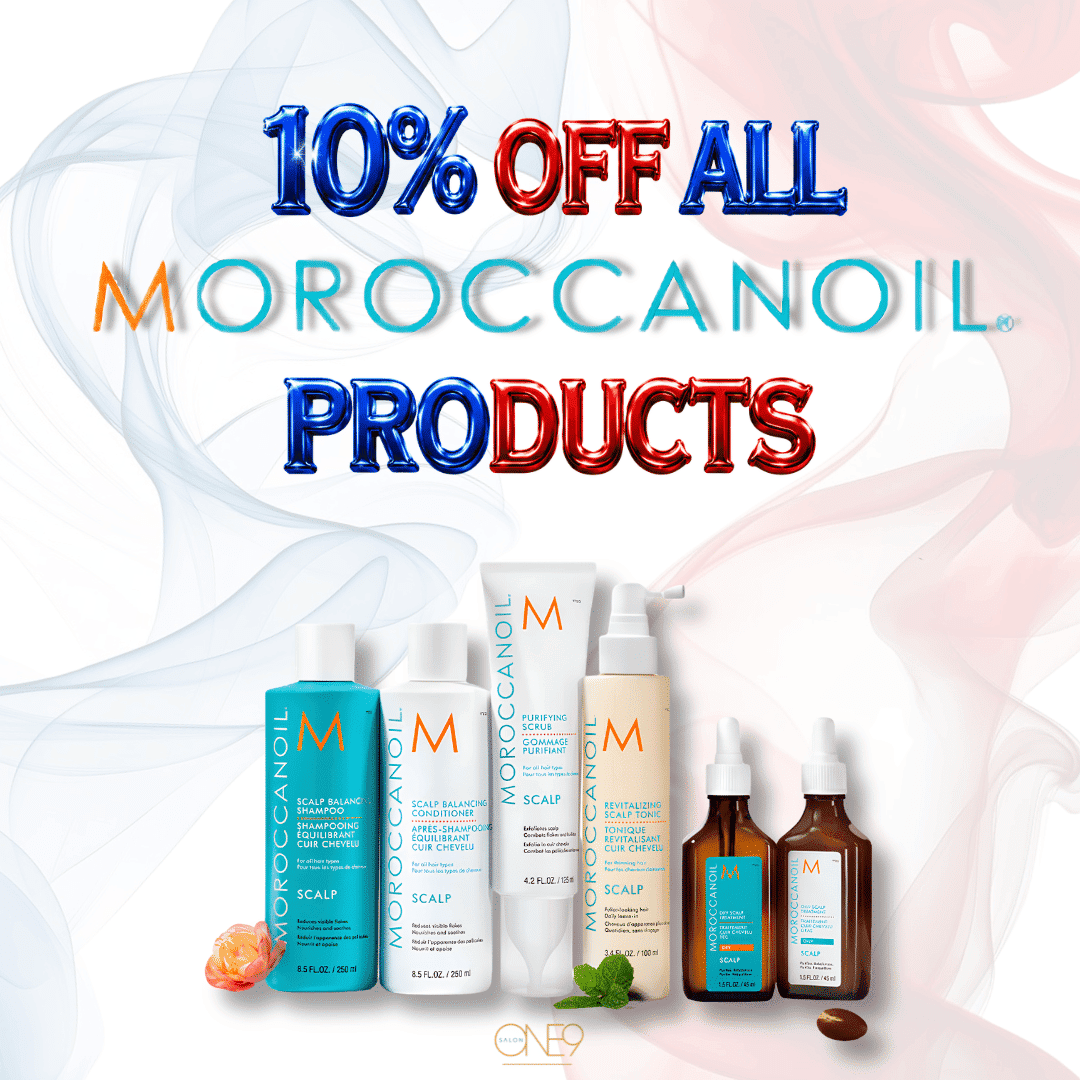 10% off all Moroccanoil products: shampoos, oils, and sprays displayed with red, blue text.