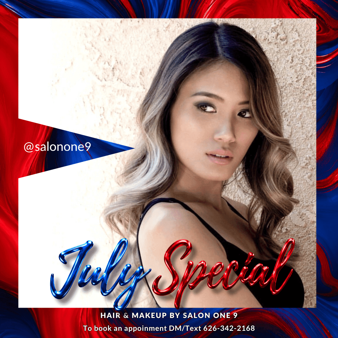 Hair and makeup promotion for July with contact info for appointments.