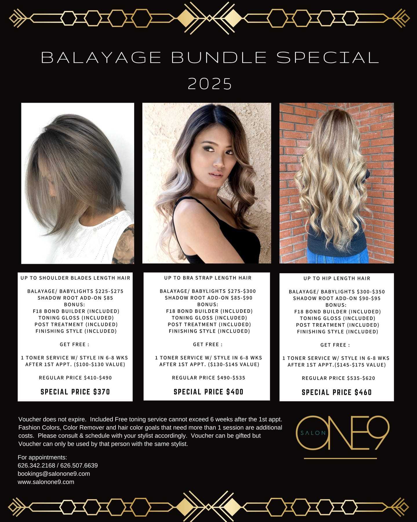 Balayage special offers for 2025: pricing for hair length and toning details included.