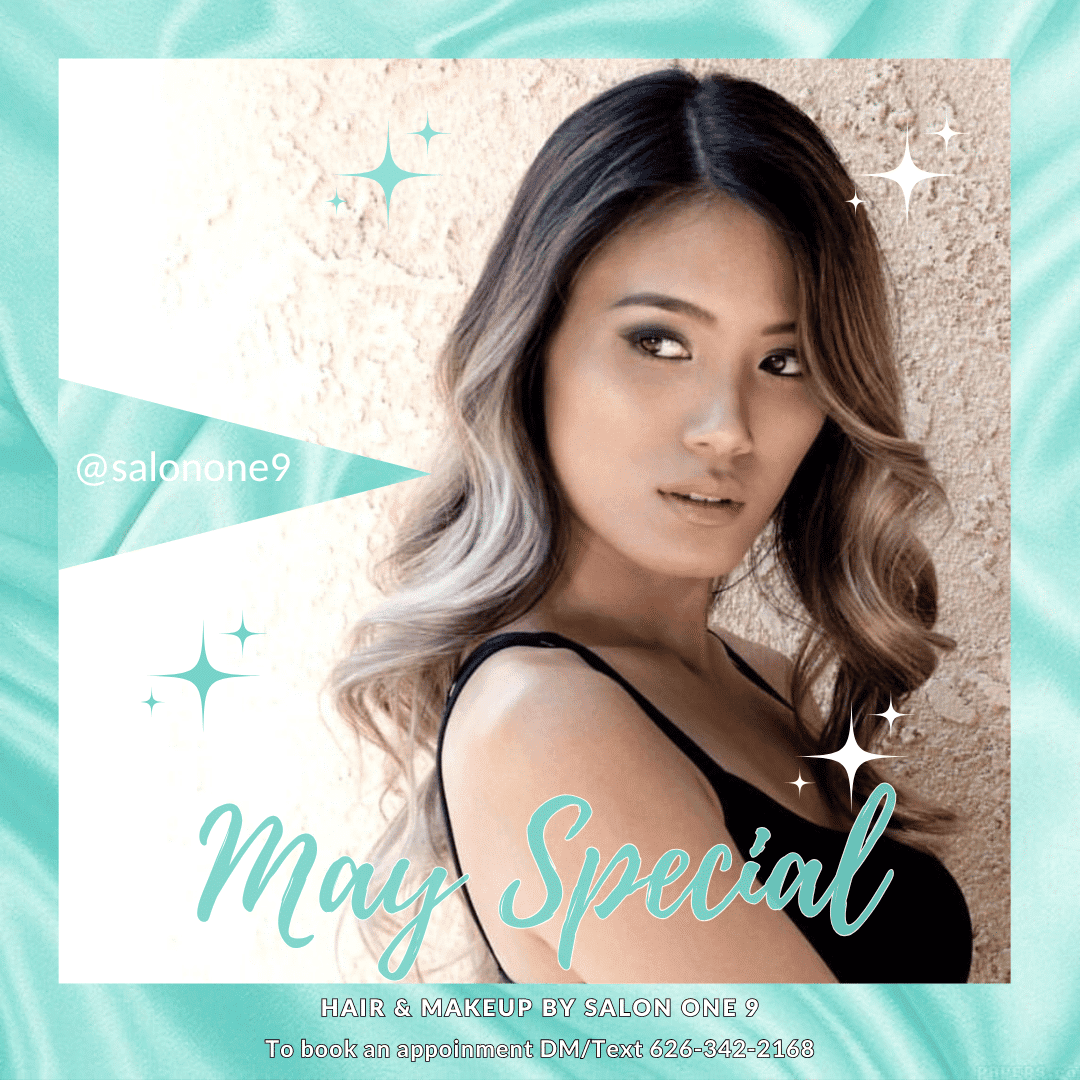 May Special at Salon One 9: Woman with styled hair, contact for appointments. @salonone9