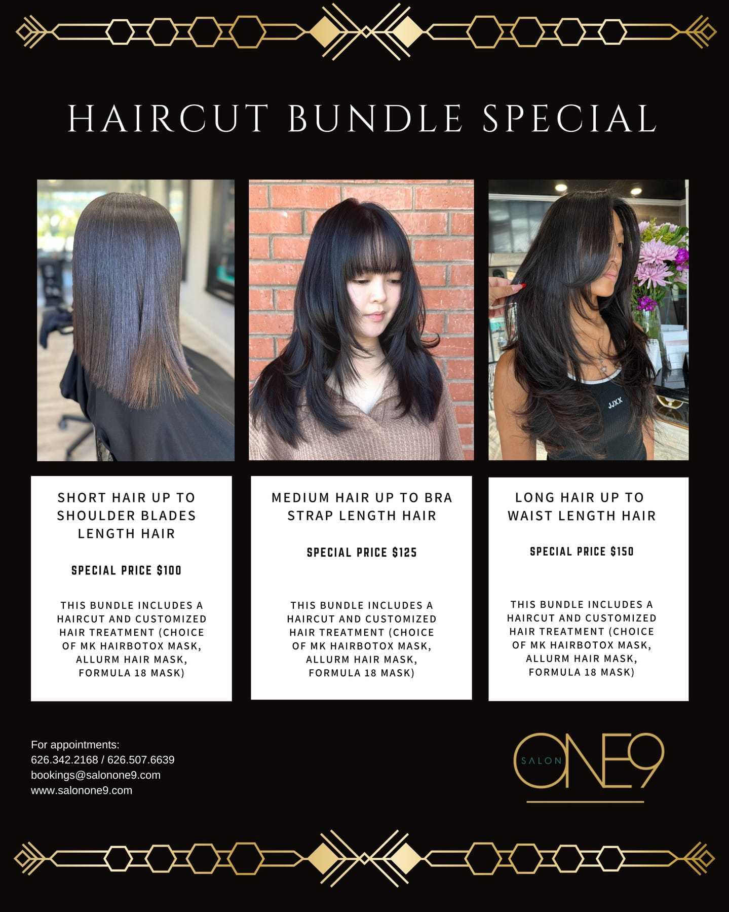 Haircut package special: short, medium, long hair options with treatments. Prices: $100-$150.