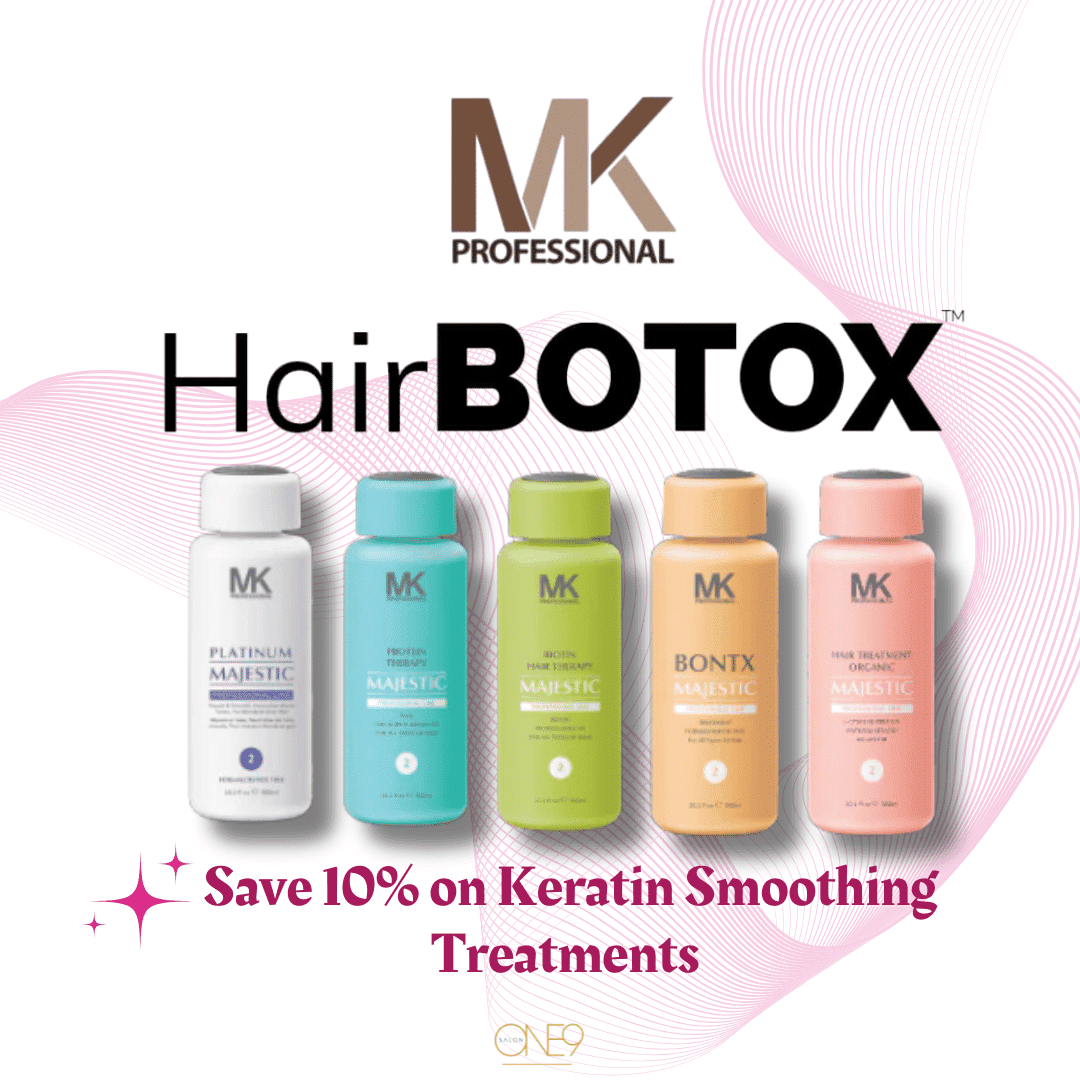 MK Professional Hair Botox products with 10% off keratin treatments offer.